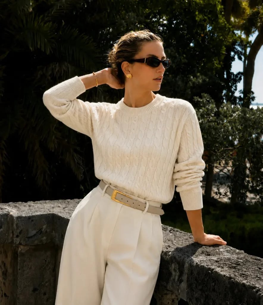Cream Cable-Knit Sweater with White Wide Leg Trousers Cream Cable-Knit Sweater with White Wide Leg Trousers — Classy Capsule Wardrobe