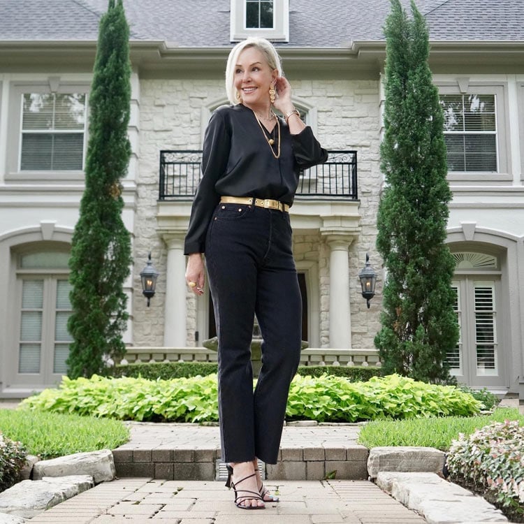 Black Satin Blouse with Black Straight Leg Jeans Black Satin Blouse with Black Straight Leg Jeans — Classy Capsule Wardrobe