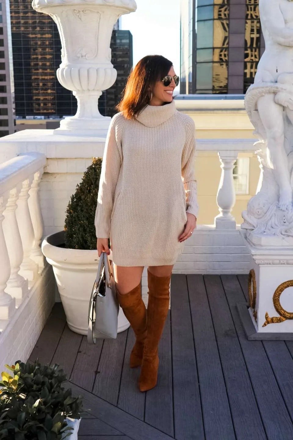Cream Knit Sweater Dress with Over-the-Knee Boots — Classy Casual Date Night Outfit