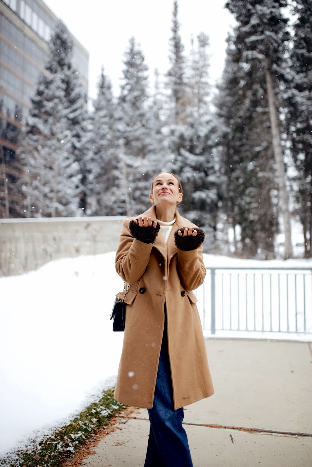 Camel Coat Over White Top and Flare Jeans — Classy Casual Date Night Outfit