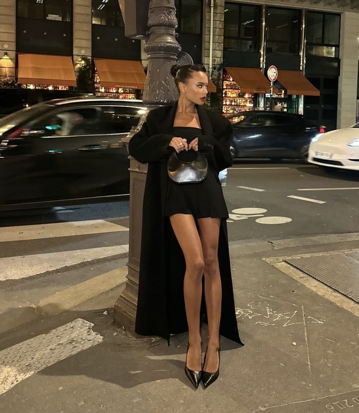 Chic Black Mini Dress with Oversized Coat — Classy Casual Date Night Outfit