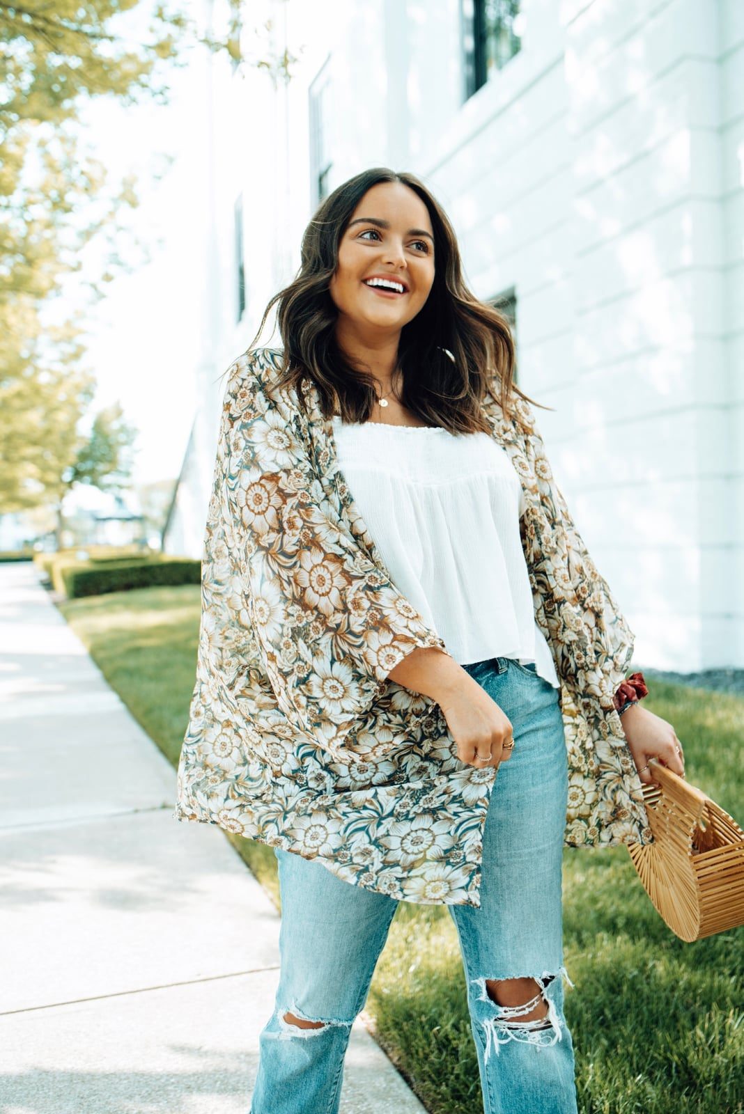 White Camisole with Floral Kimono and Ripped Jeans — Classy Casual Date Night Outfit