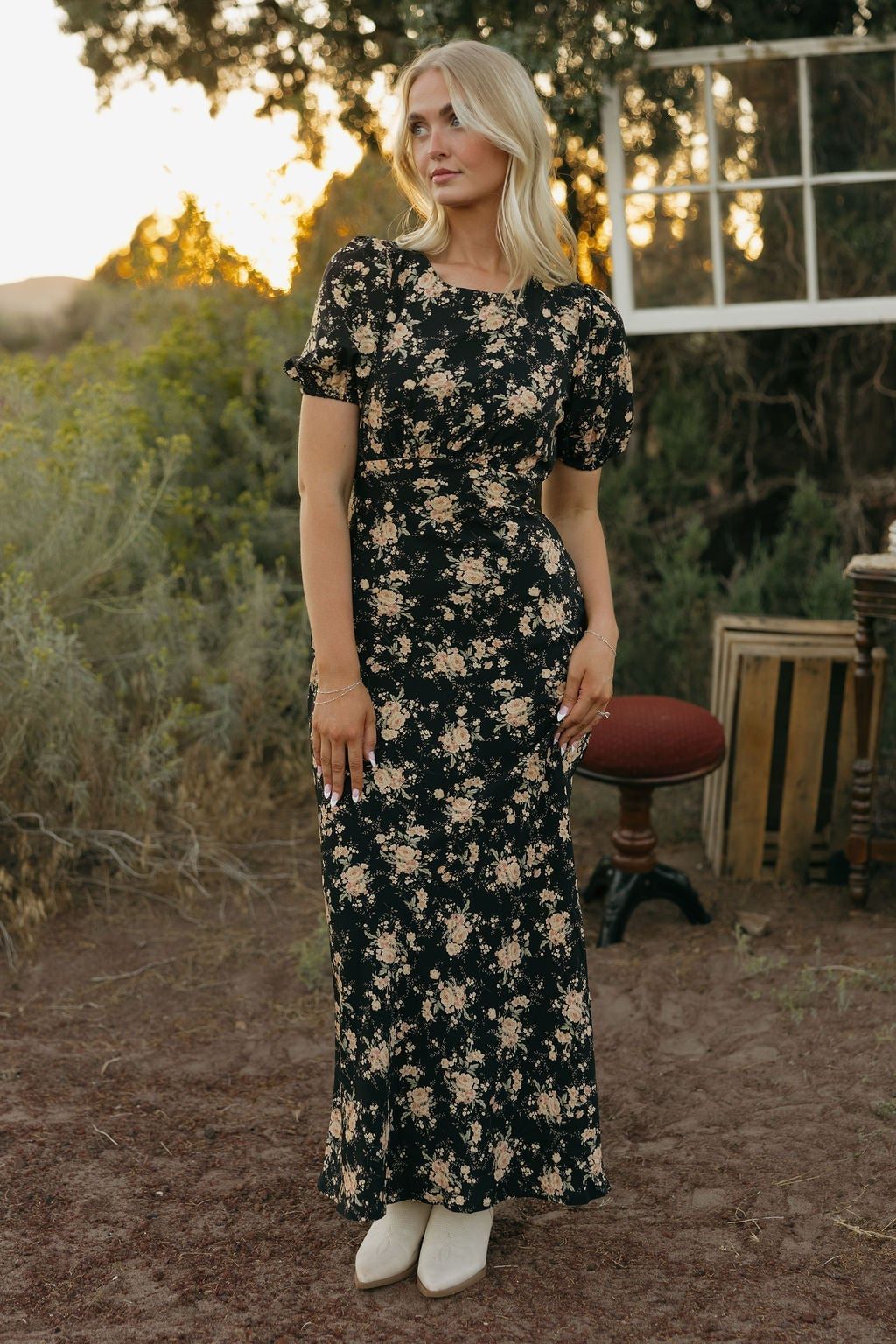 Floral Print Midi Dress with Ankle Boots — Classy Casual Date Night Outfit