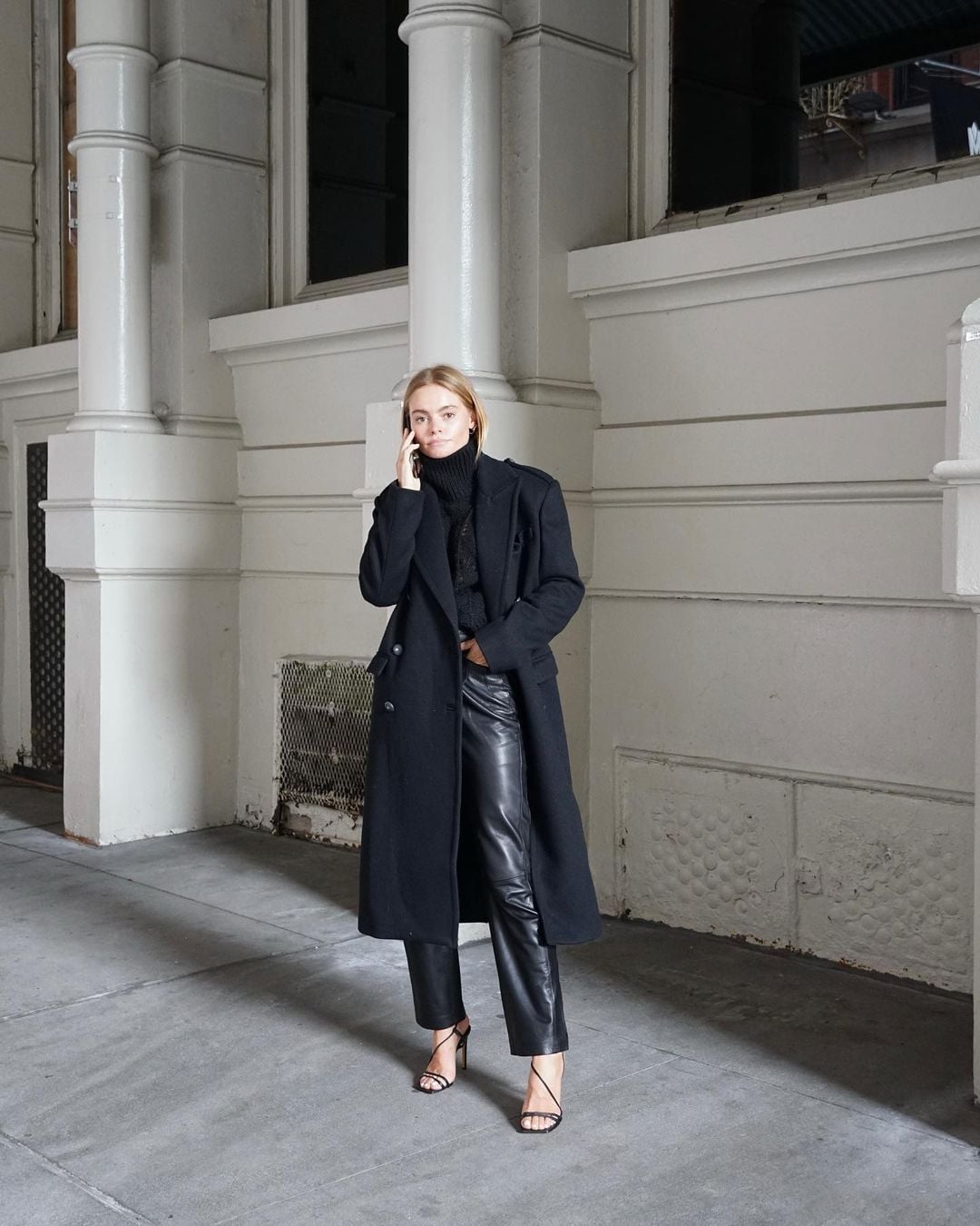 Elegant Black Overcoat with Leather Pants — Classy Casual Date Night Outfit