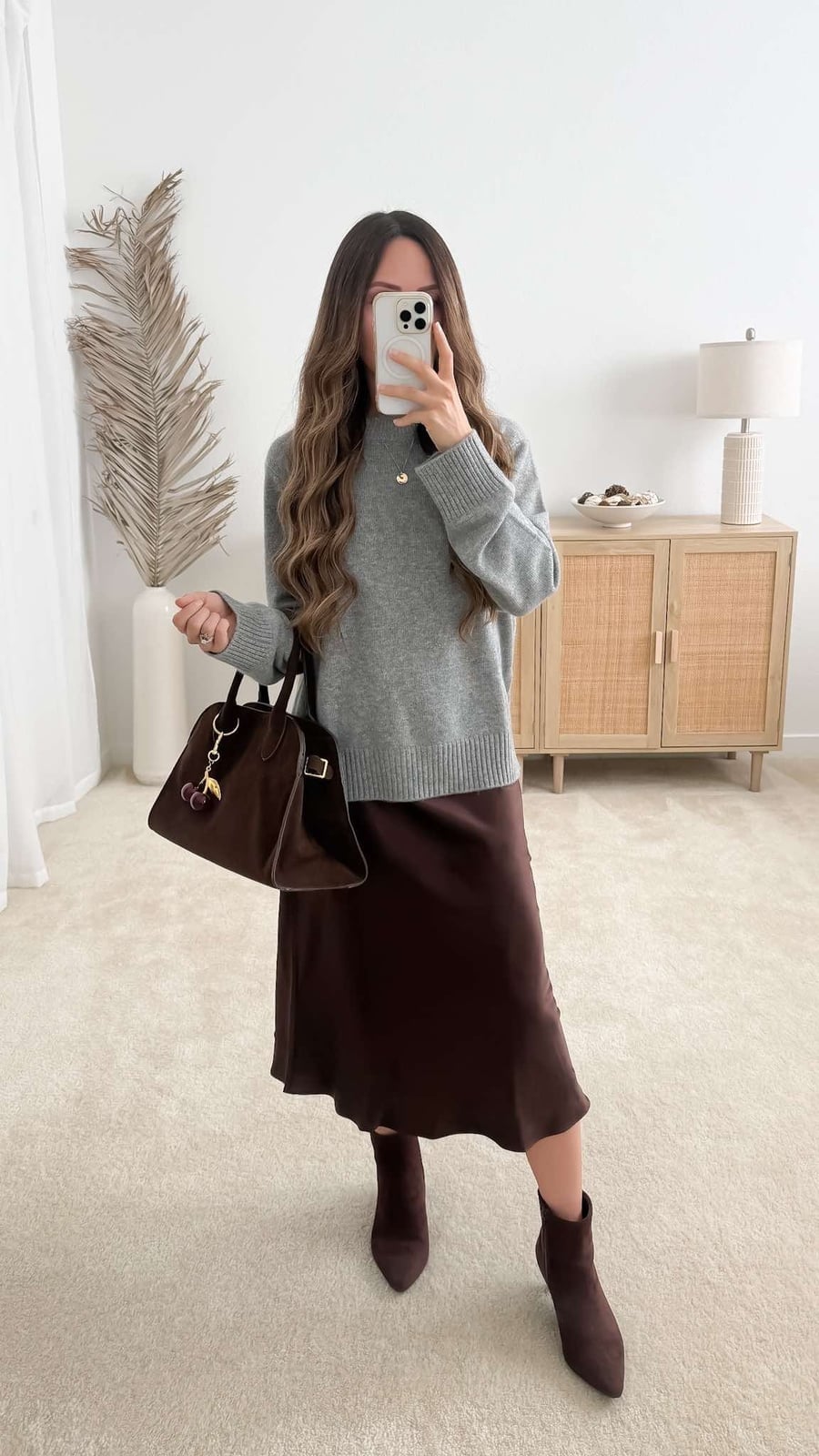 Relaxed Sweater with Satin Midi Skirt — Classy Casual Date Night Outfit