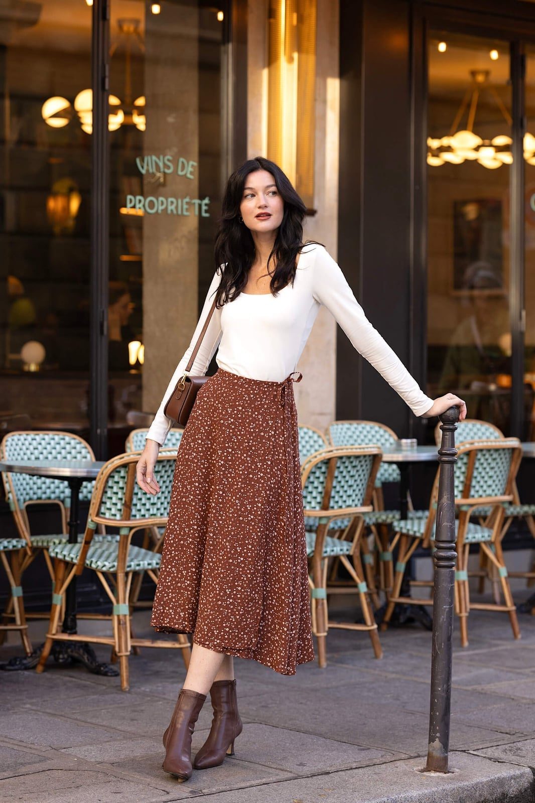 White Top with Floral Print Wrap Skirt — Classy Casual Date Night Outfit