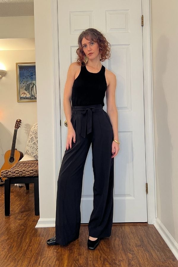 Velvet Tank Top and Wide-Leg Trousers — Classy Casual Date Night Outfit