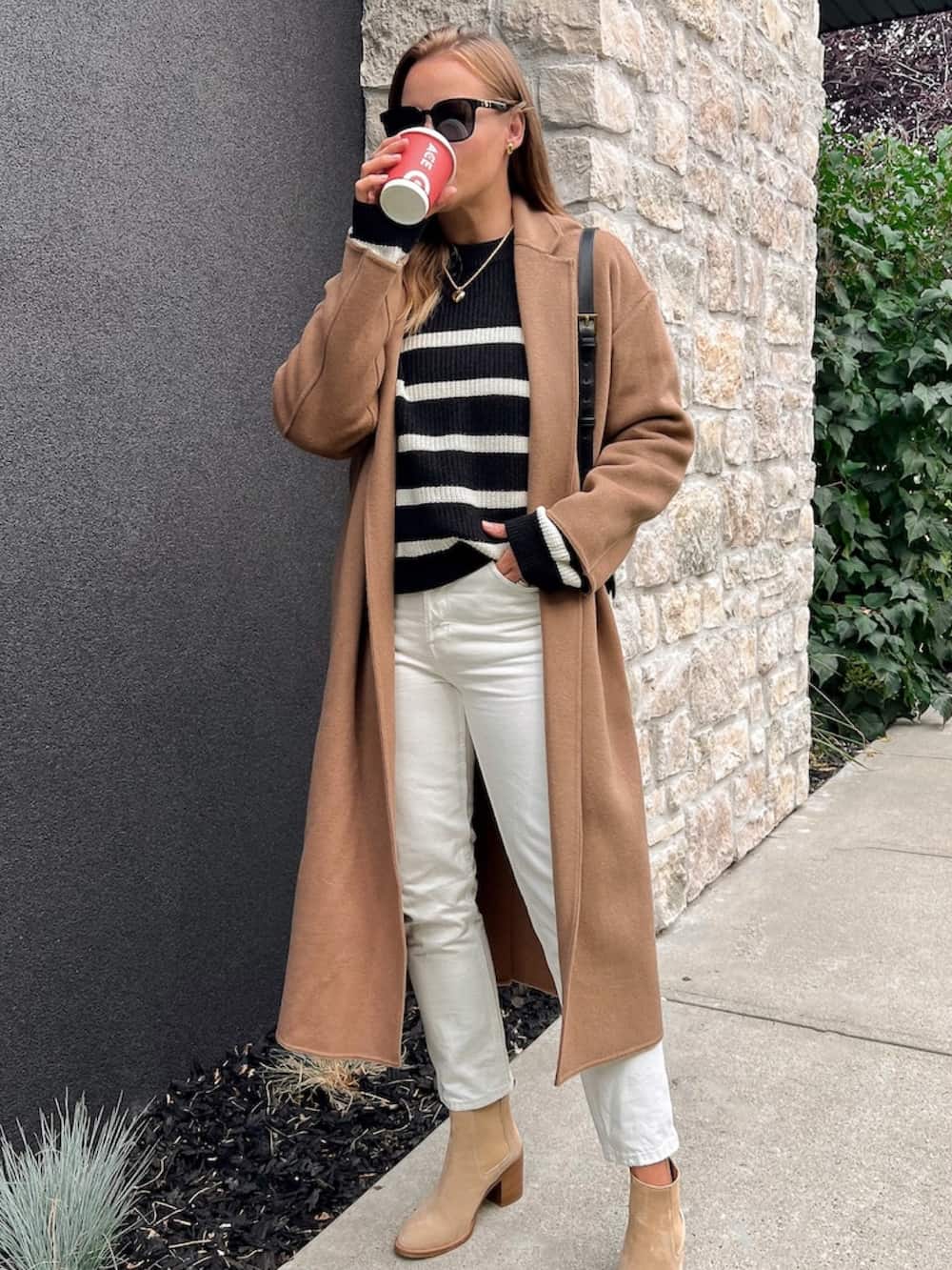 Camel Coat Over Striped Sweater and Jeans — Classy Casual Date Night Outfit