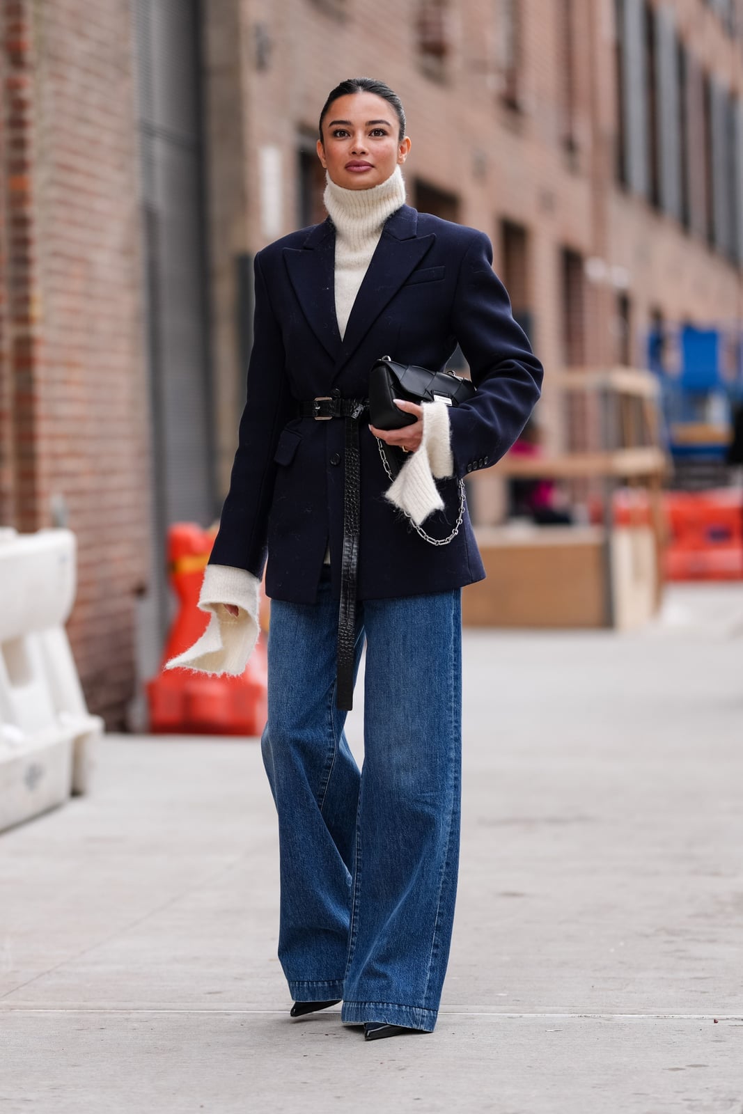 Wide Leg Jeans with a Cream Turtleneck and Navy Blazer Wide Leg Jeans with a Cream Turtleneck and Navy Blazer — Classy Casual Jeans Outfit