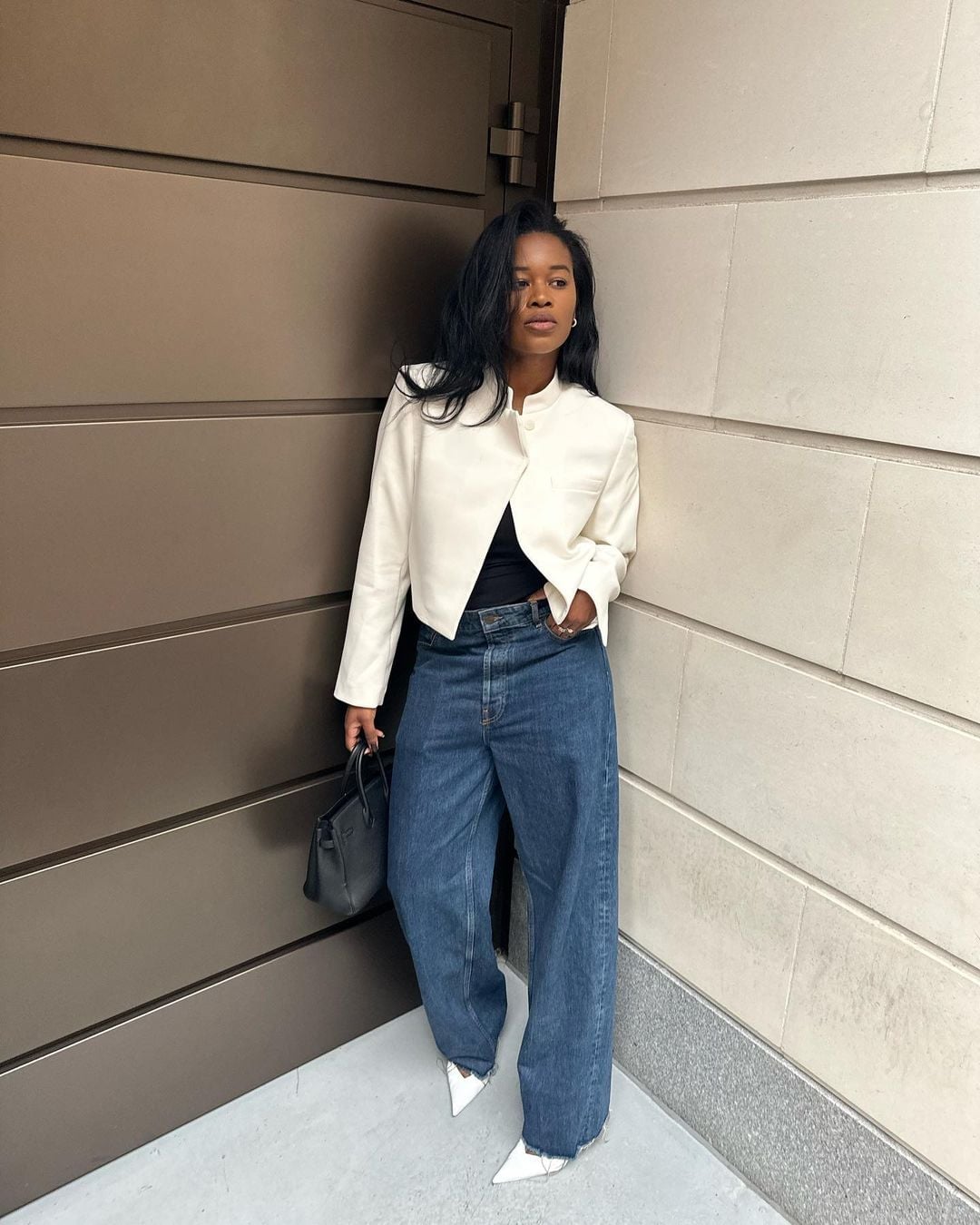 Wide Leg Jeans with Black Top and Cream Cropped Jacket Wide Leg Jeans with Black Top and Cream Cropped Jacket — Classy Casual Jeans Outfit