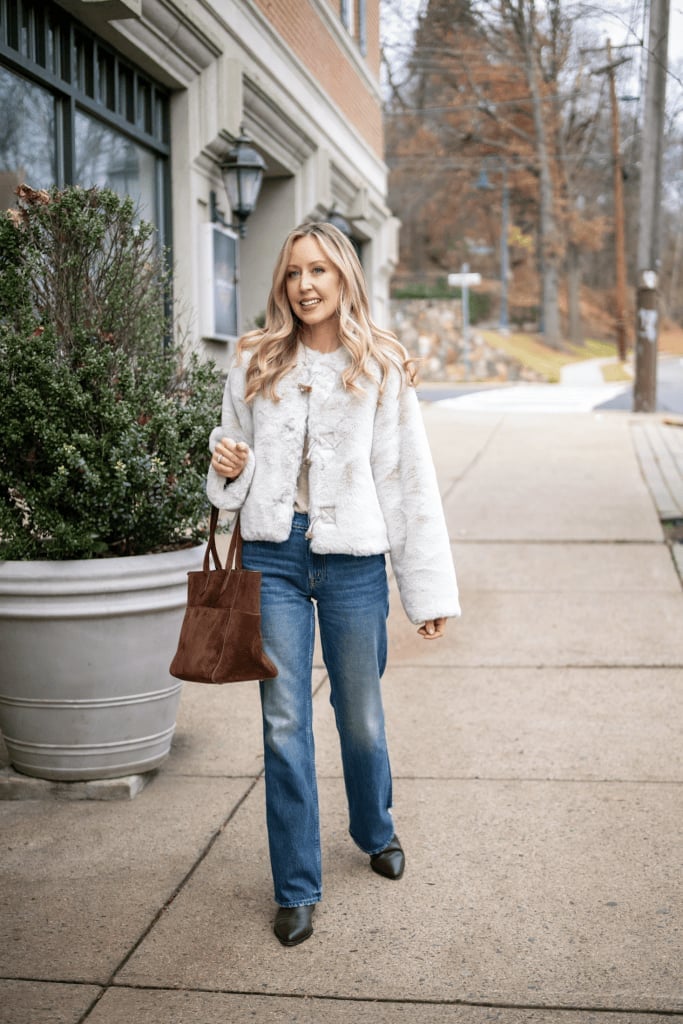 Blue Straight Leg Jeans with Beige Sweater and Faux Fur Jacket Blue Straight Leg Jeans with Beige Sweater and Faux Fur Jacket — Classy Casual Jeans Outfit