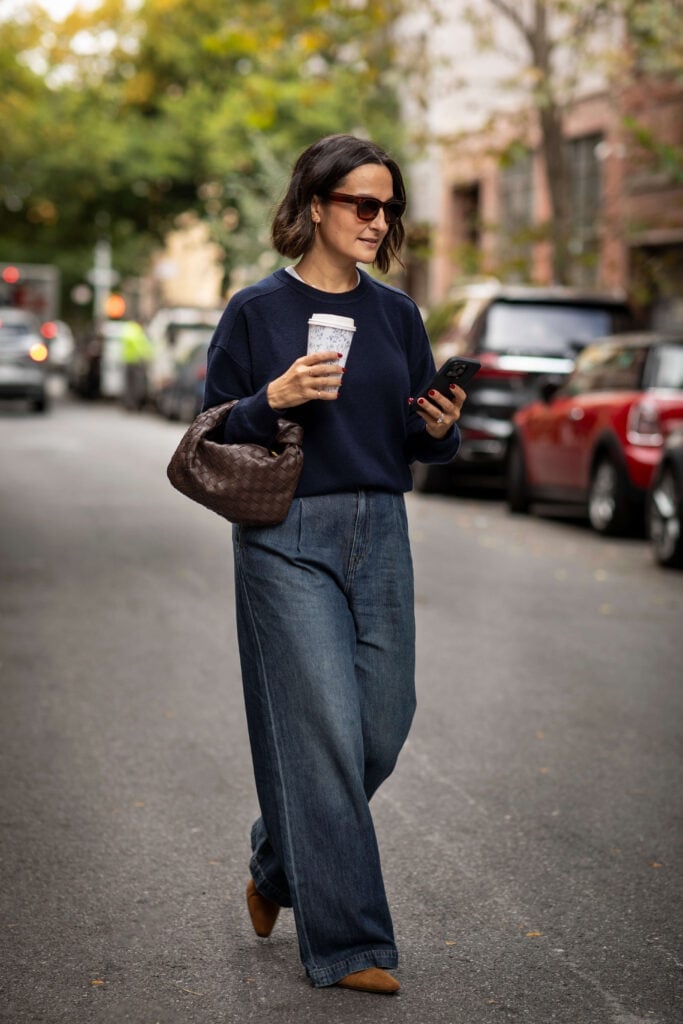 Dark Blue Wide Leg Jeans with Navy Sweater and Suede Loafers Dark Blue Wide Leg Jeans with Navy Sweater and Suede Loafers — Classy Casual Jeans Outfit