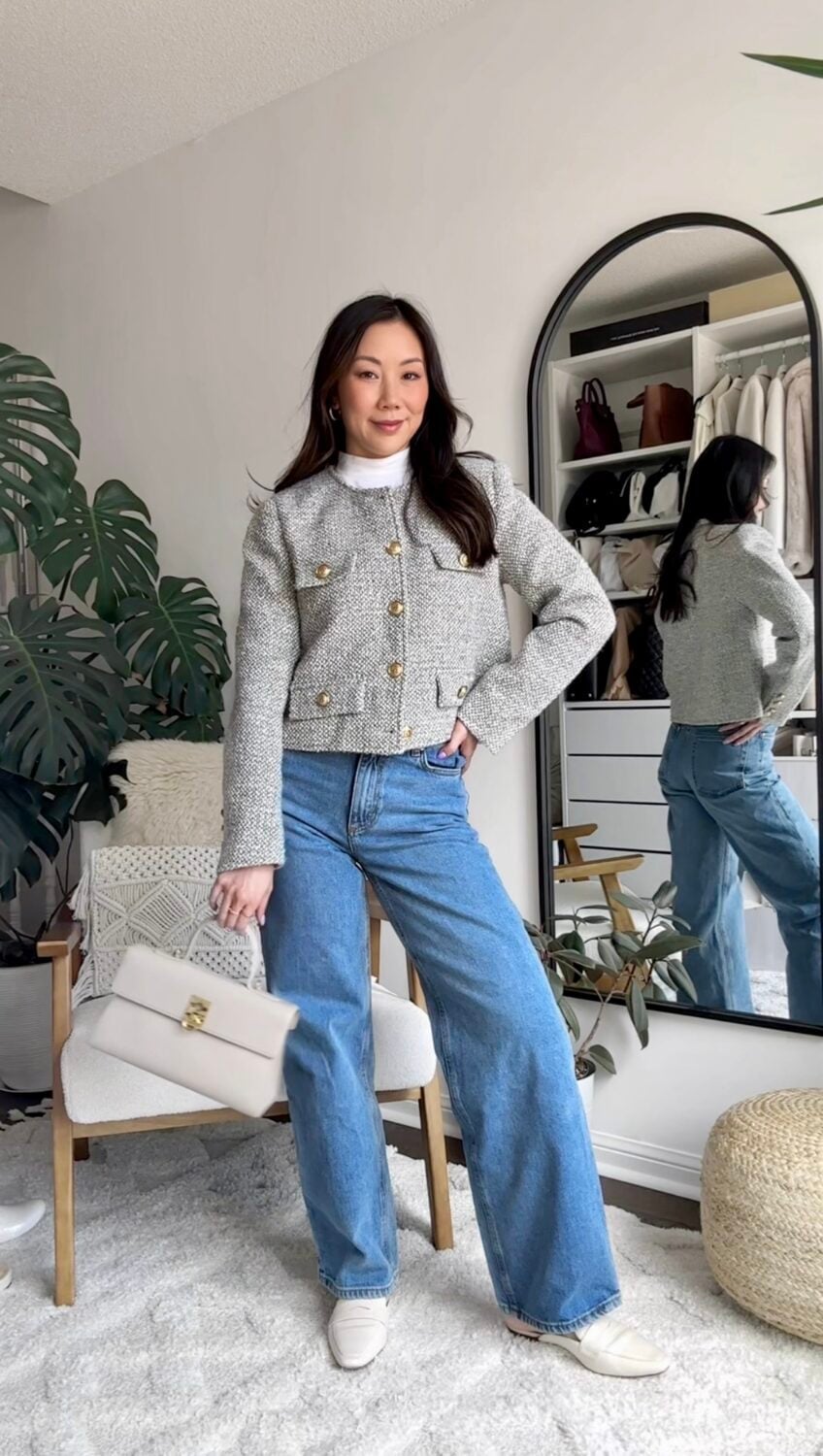 Blue Wide Leg Jeans with White Turtleneck and Grey Tweed Jacket Blue Wide Leg Jeans with White Turtleneck and Grey Tweed Jacket — Classy Casual Jeans Outfit