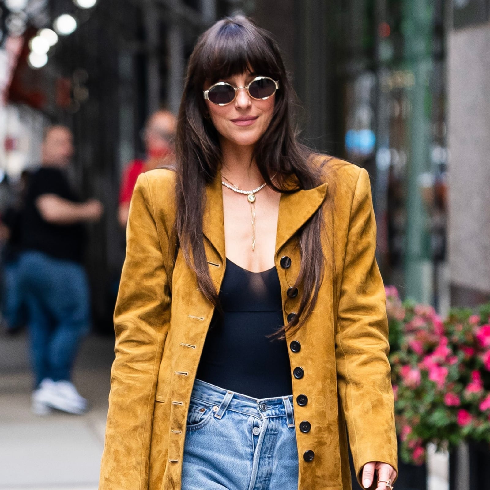Light-wash Straight-Leg Jeans with Black Bodysuit and Suede Jacket Light-wash Straight-Leg Jeans with Black Bodysuit and Suede Jacket — Classy Casual Jeans Outfit