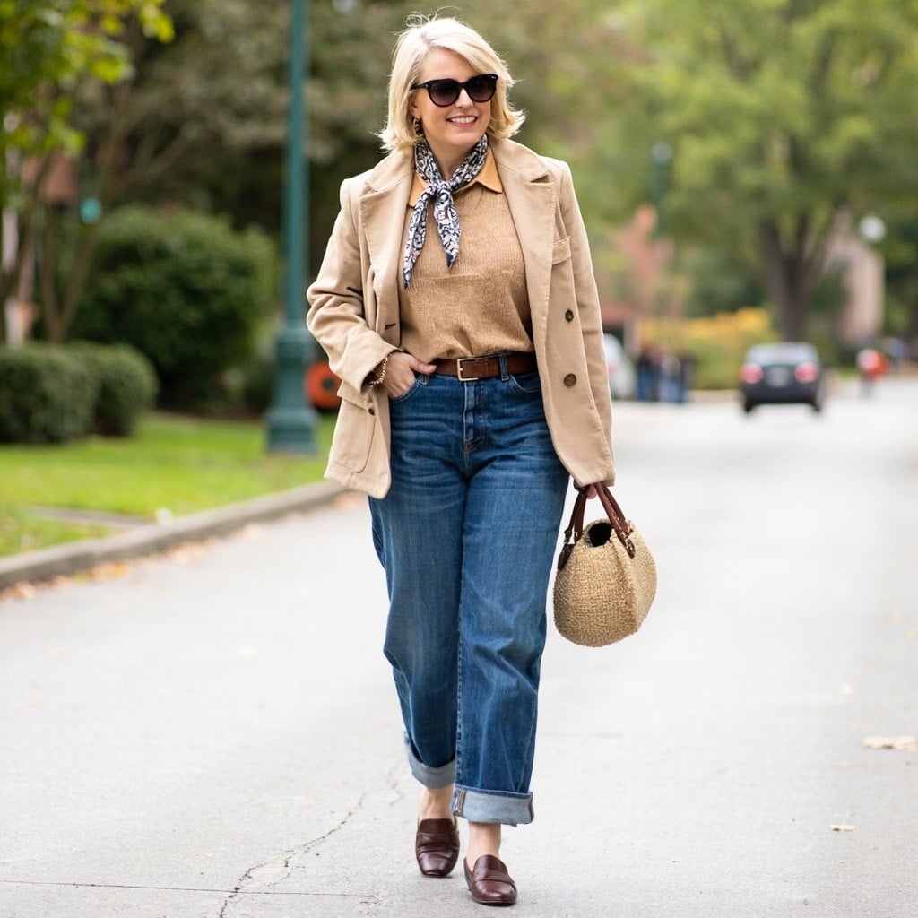 Straight Leg Jeans with Rolled Cuffs and Tan Blazer Straight Leg Jeans with Rolled Cuffs and Tan Blazer — Classy Casual Jeans Outfit