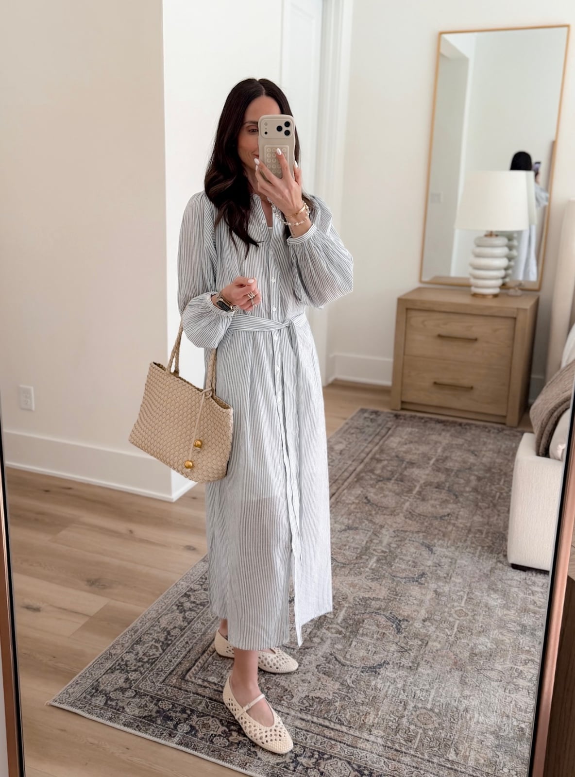 Blue Pinstripe Shirt Dress with Woven Accessories — Classy Casual Work Outfits