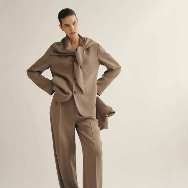 Taupe Oversized Suit with Integrated Scarf — Classy Casual Work Outfits