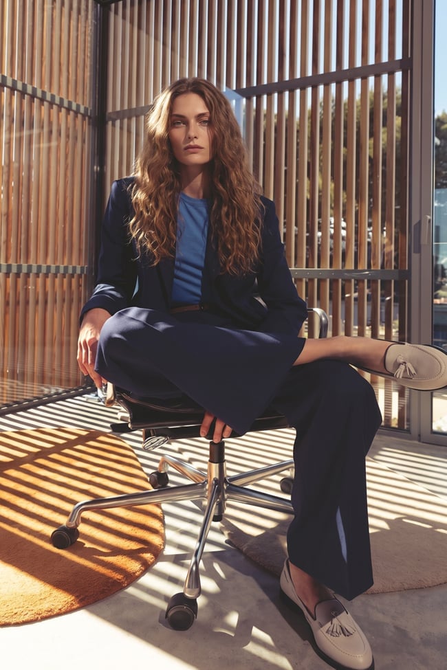 Navy Suit with Blue Crew Neck Top and Tassel Loafers — Classy Casual Work Outfits
