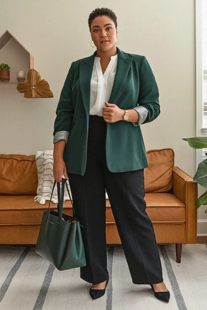 Dark Green Oversized Blazer with Black Trousers — Classy Casual Work Outfits