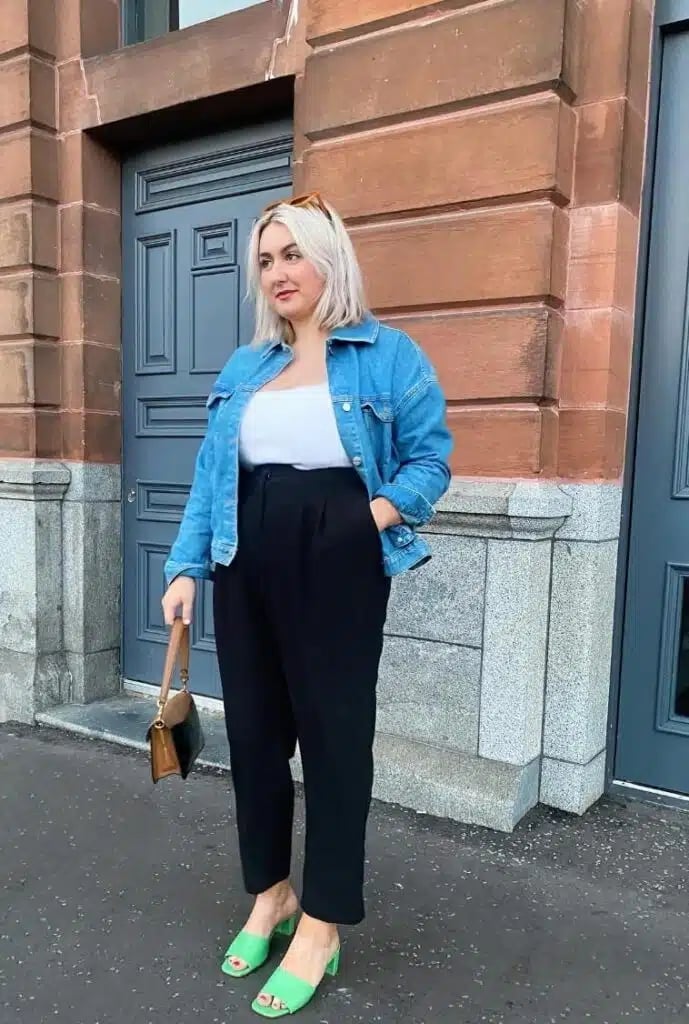 Denim Jacket with Black Trousers and Green Mules — Classy Casual Work Outfits