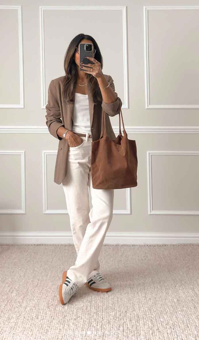 Brown Oversized Blazer with Cream Trousers and Sneakers — Classy Casual Work Outfits
