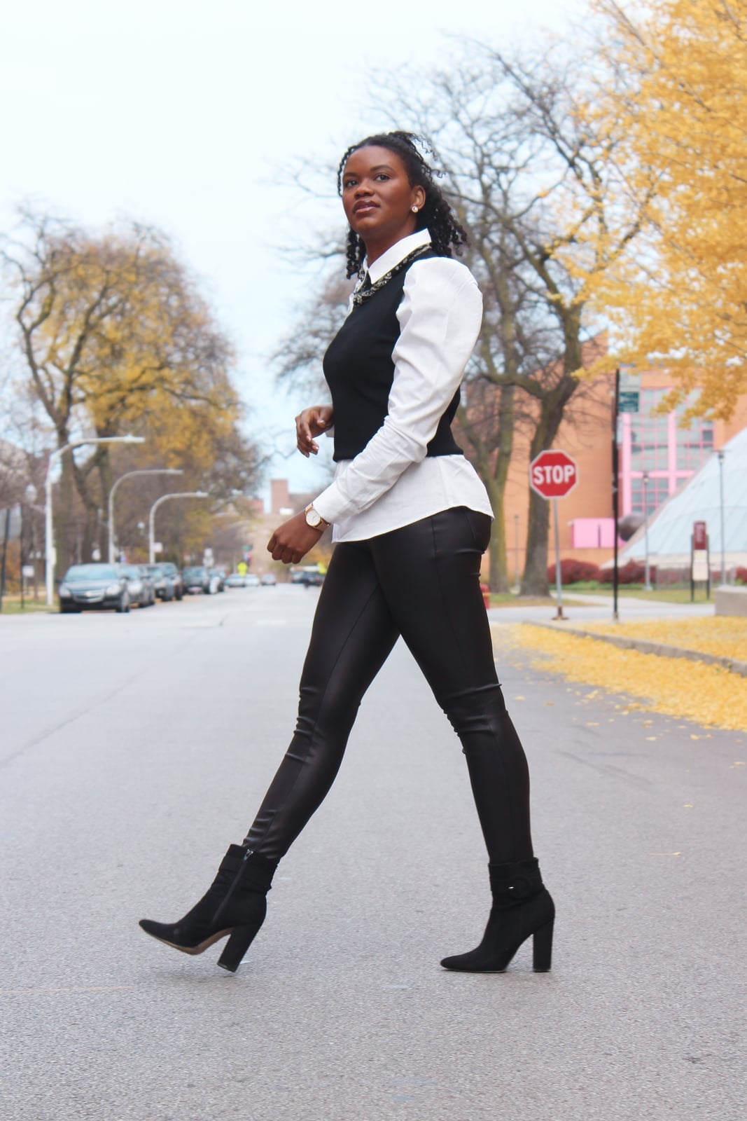 Black Vest Over White Shirt and Faux Leather Leggings — Classy Casual Work Outfits