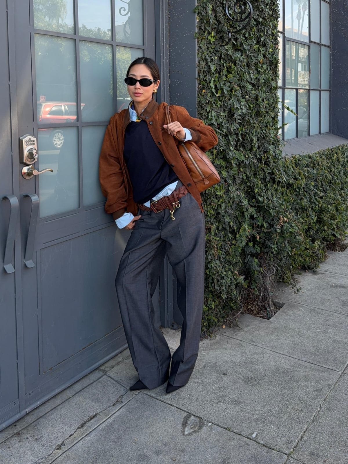 Suede Bomber Jacket with Grey Wide Leg Trousers — Classy Casual Work Outfits