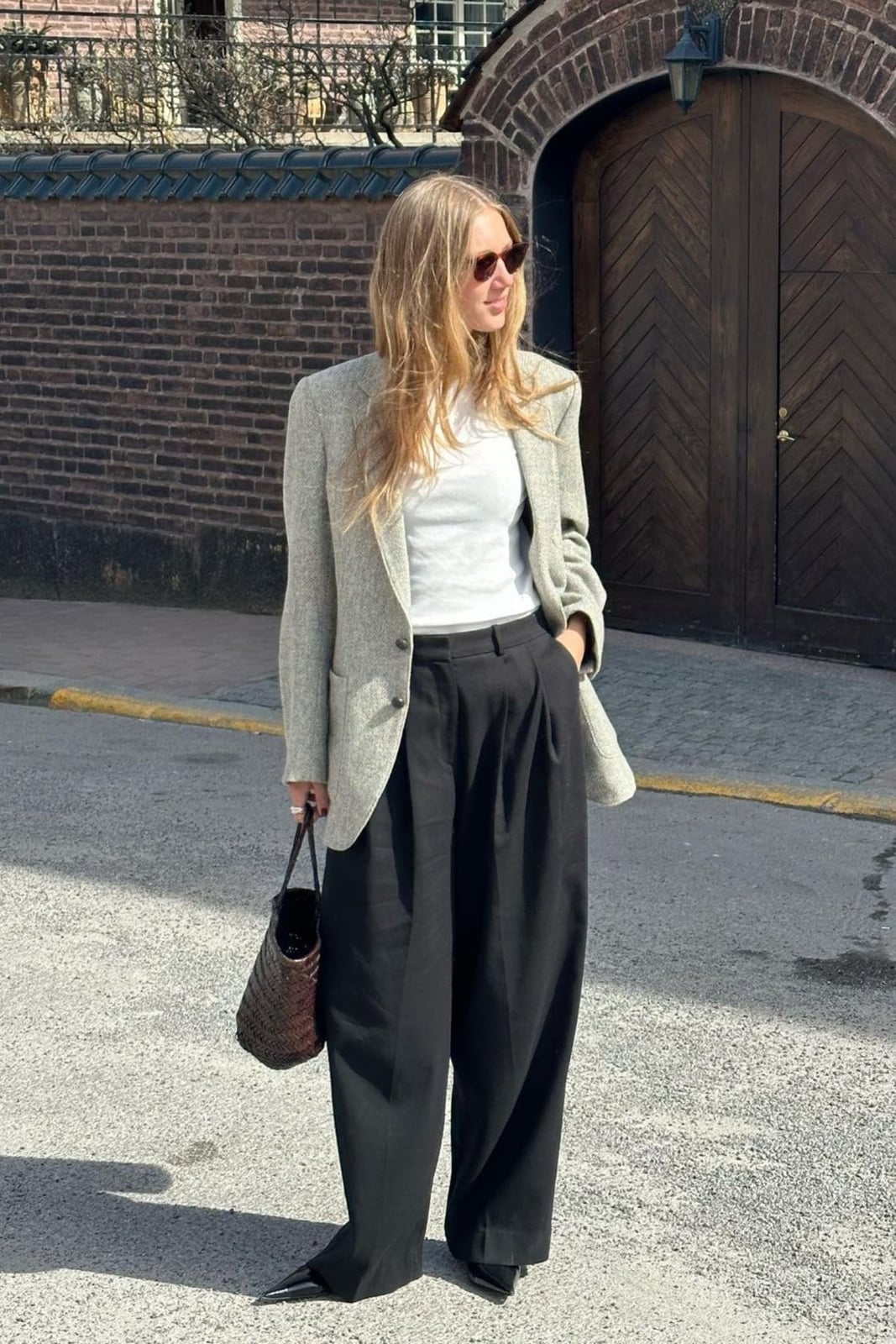 Oversized Grey Blazer Over T-Shirt and Wide Leg Trousers — Classy Casual Work Outfits