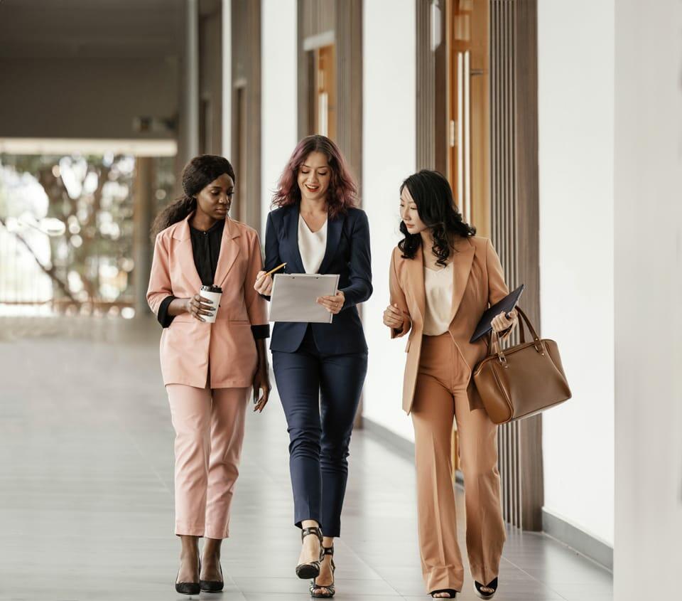 Suits in Pink Navy and Tan with Coordinating Tops, Close-Up Take — Classy Casual Work Outfits