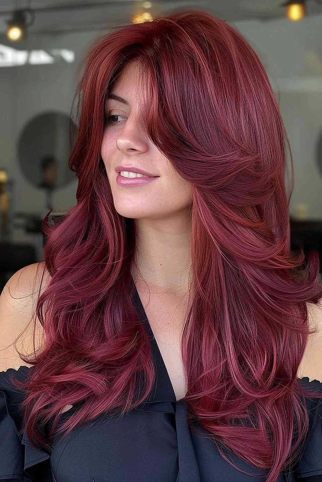 Deep Burgundy Cherry Base With Soft Curls Deep Burgundy Cherry Base With Soft Curls — Classy Cherry Balayage