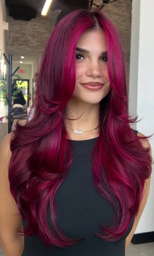 Long Layers With Bright Cherry Balayage Long Layers With Bright Cherry Balayage — Classy Cherry Balayage