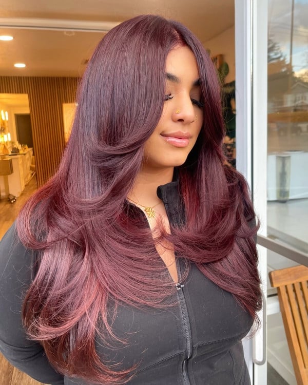 Mid-Back Layers With Cherry Red Balayage Mid-Back Layers With Cherry Red Balayage — Classy Cherry Balayage