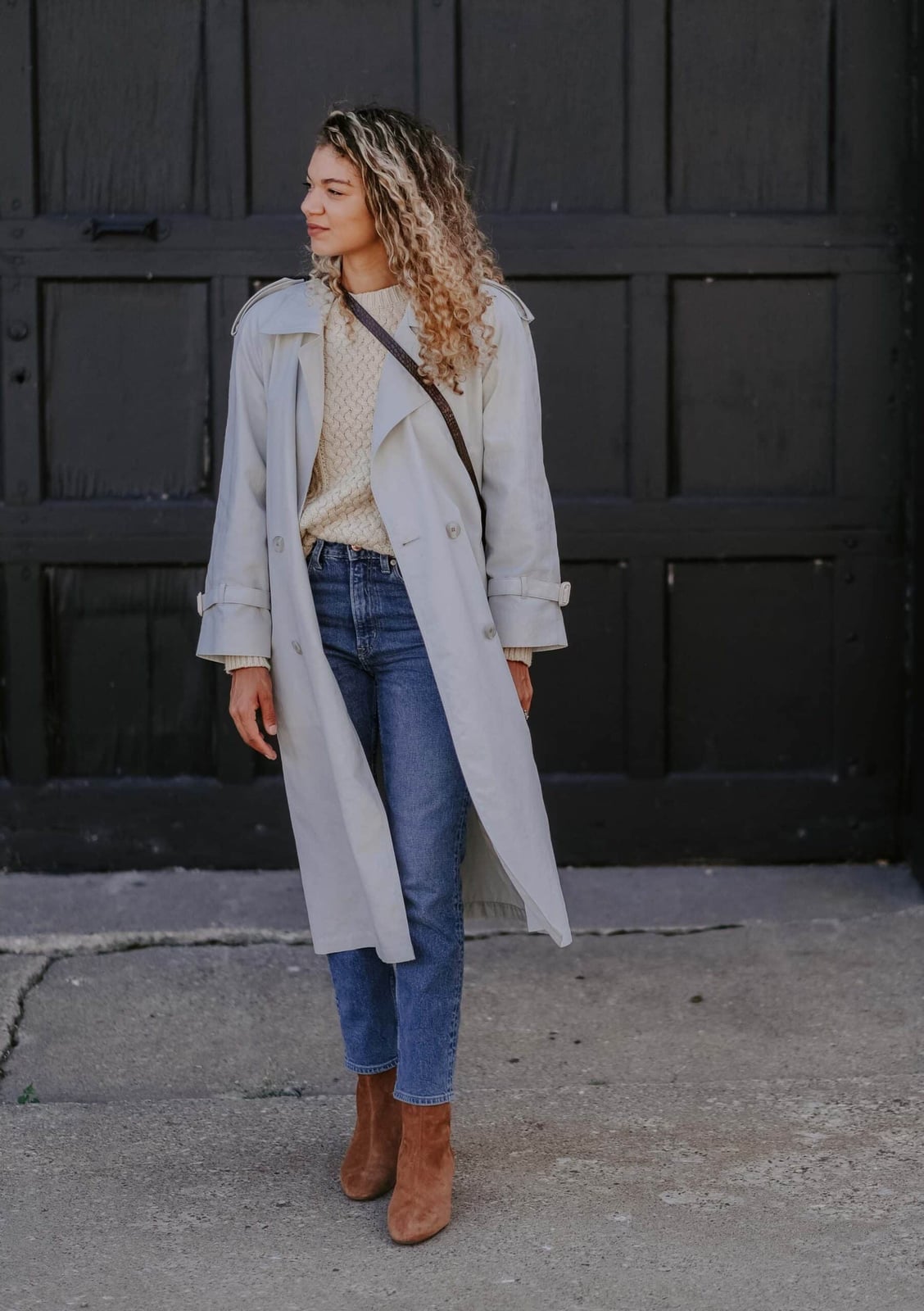 Grey Trench Coat Over Cream Sweater and Blue Jeans — Classy Chill Outfit