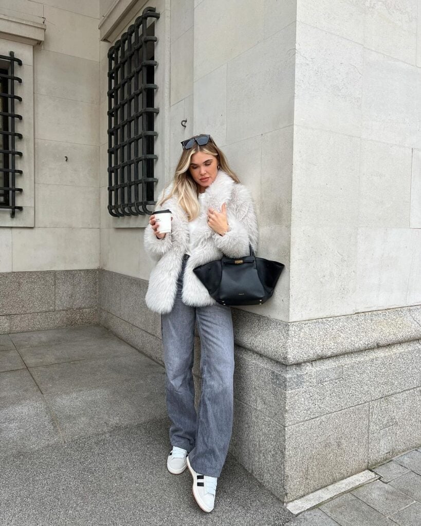 Grey Faux Fur Coat with Black Turtleneck and Jeans — Classy Chill Outfit