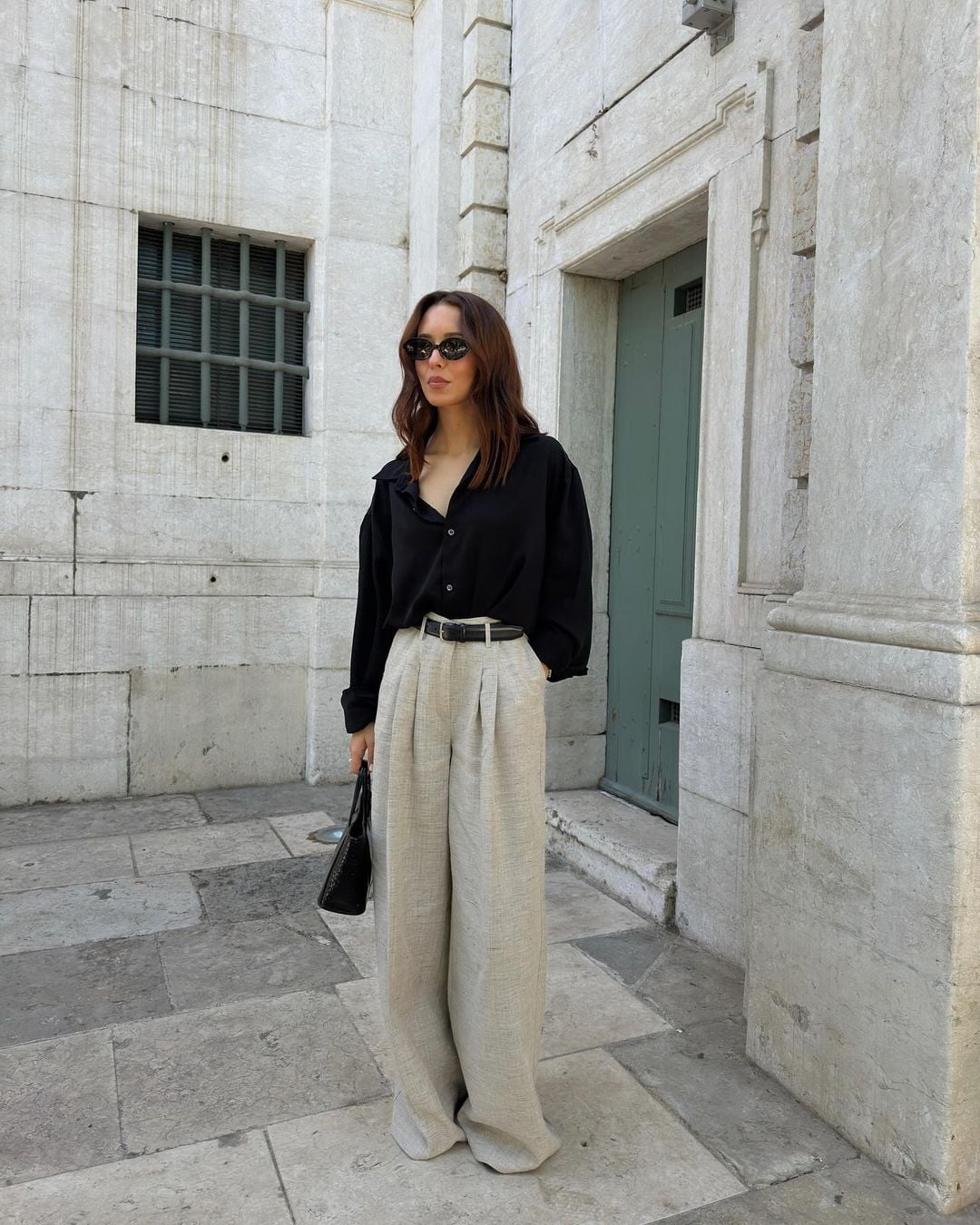 Black Oversized Shirt with Beige Linen Trousers — Classy Chill Outfit