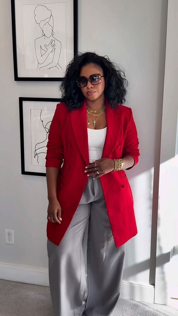 Red Double-Breasted Blazer with Grey Satin Trousers — Classy Chill Outfit