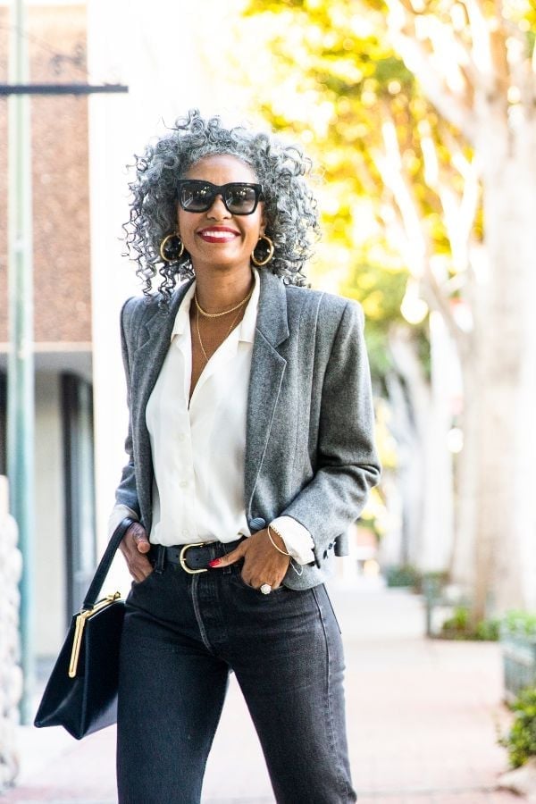 Grey Textured Blazer Over White Shirt and Black Jeans — Classy Chill Outfit