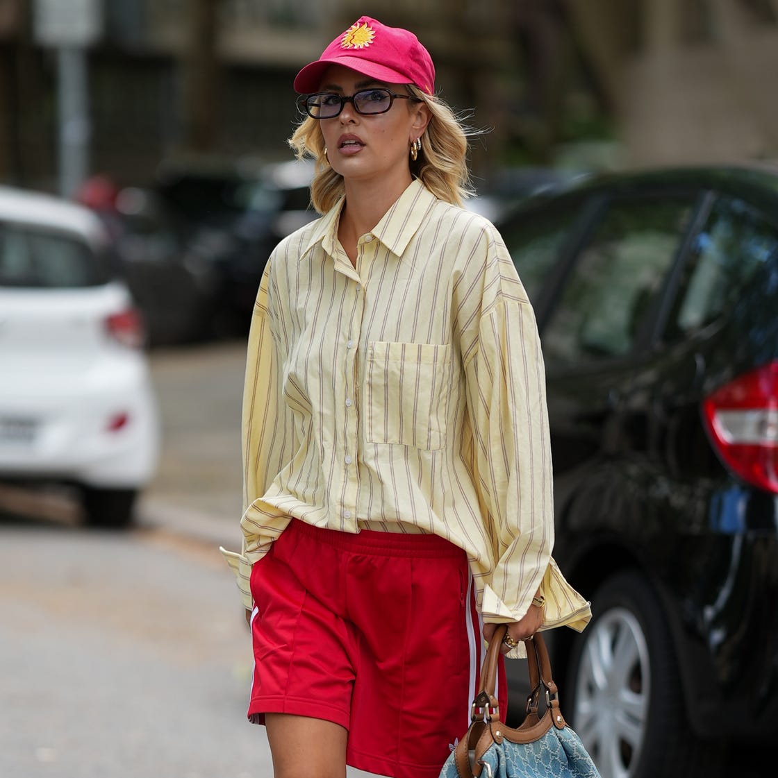 Striped Oversized Shirt with Red Athletic Shorts — Classy Chill Outfit