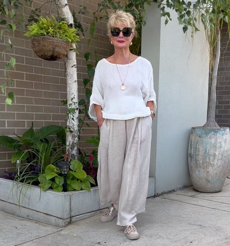 White Linen Top with Beige Linen Pants and Sneakers — Classy Chill Outfit