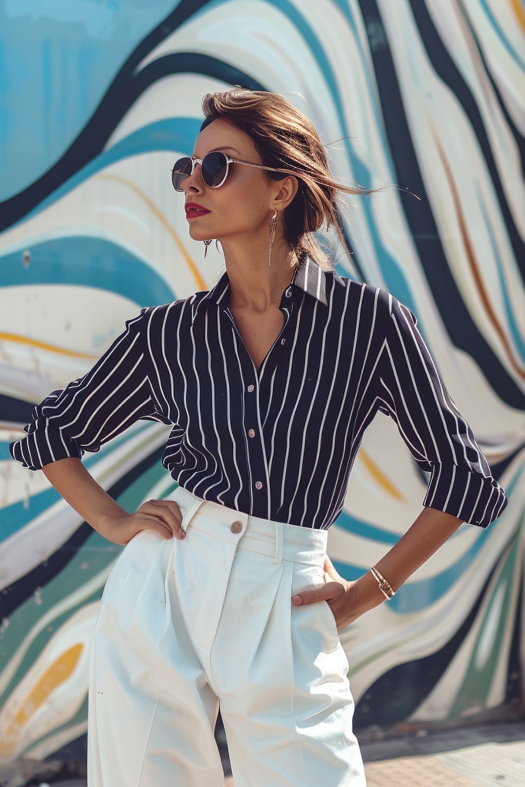 Navy and White Striped Shirt with White Wide-Leg Pants — Classy Chill Outfit