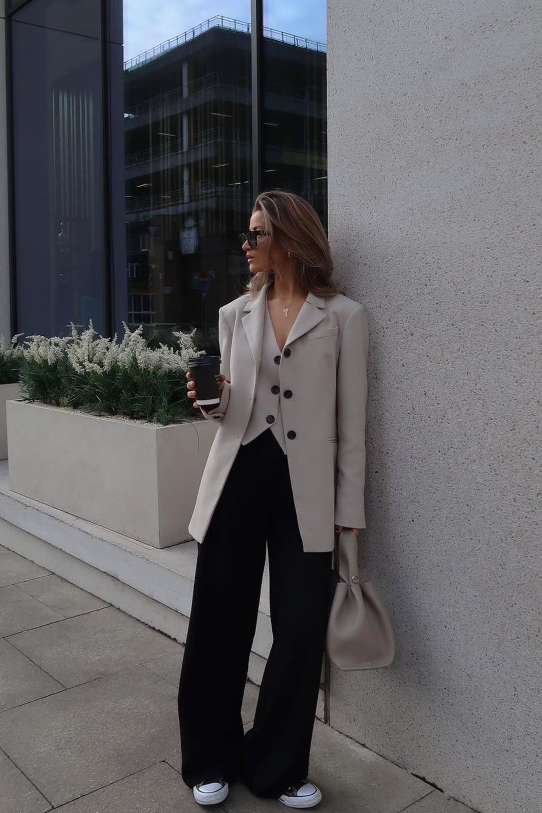 Beige Three-Piece Suit with Black Wide-Leg Trousers — Classy Chill Outfit