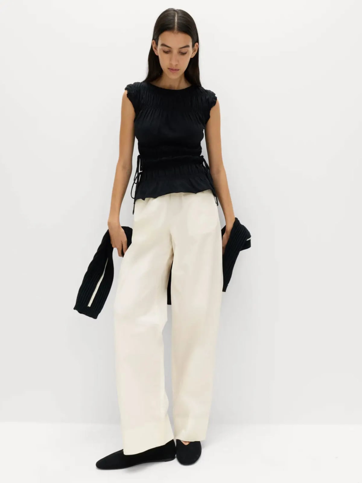 Black Ruched Top with Cream Wide-Leg Trousers — Classy Chill Outfit