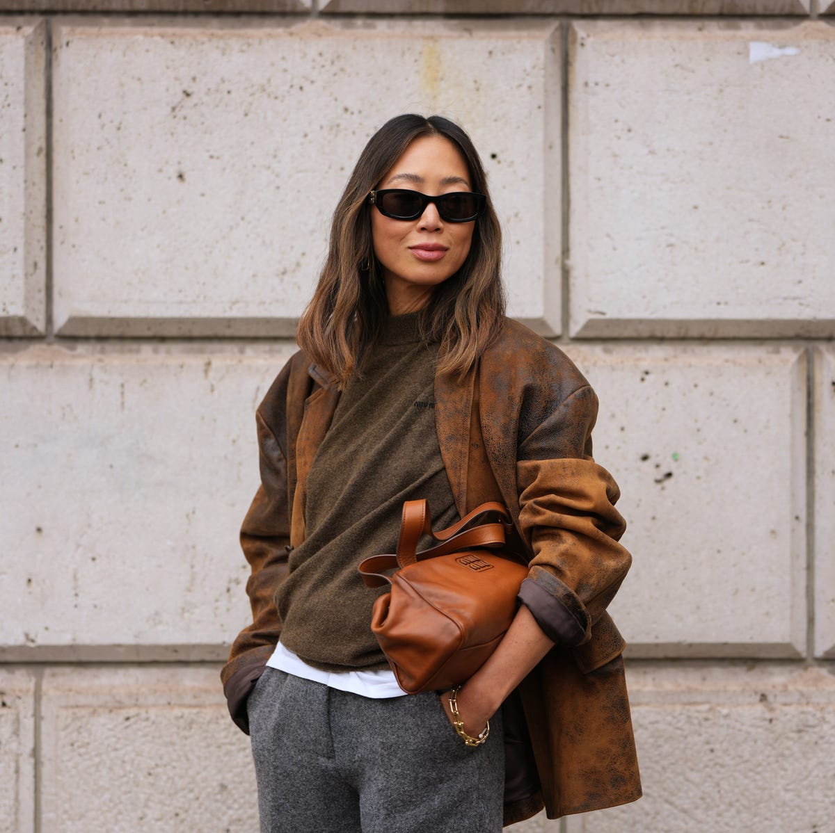 Textured Brown Blazer Over Olive Sweater and Grey Pants — Classy Chill Outfit