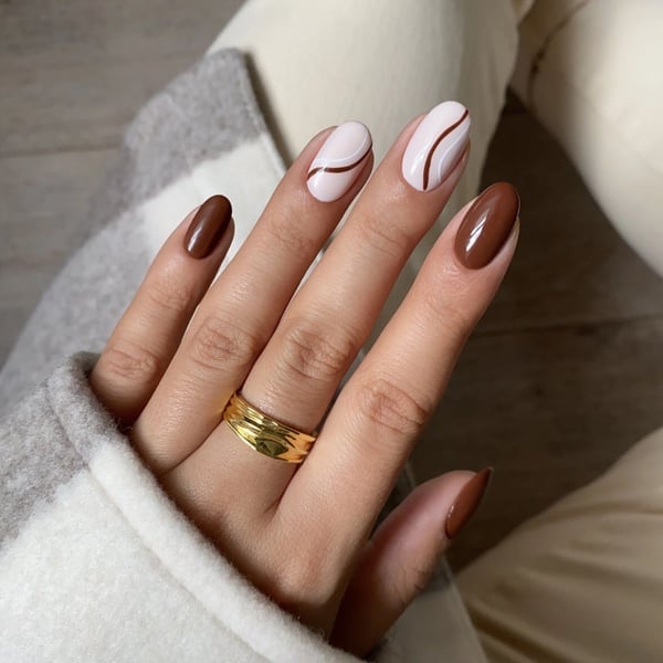 White and Dark Brown Swirls Medium Oval Nails White and Dark Brown Swirls Medium Oval Nails — Classy Chocolate Nails
