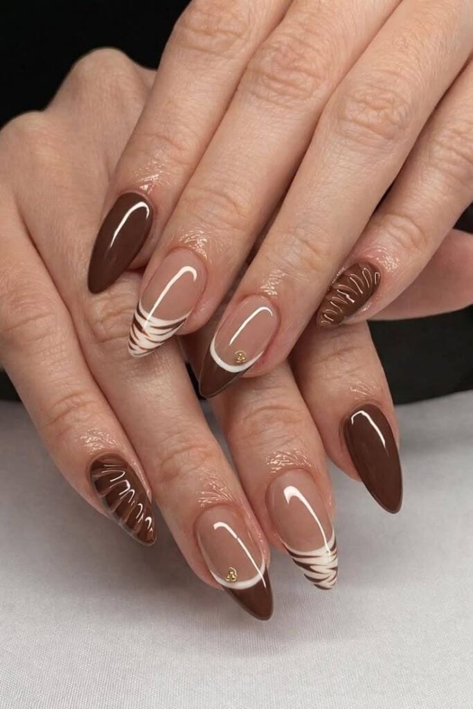 Almond Wavy French Tips with Chocolate Swirls Almond Wavy French Tips with Chocolate Swirls — Classy Chocolate Nails