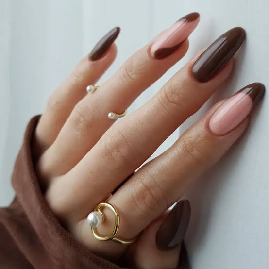 Milky Base Dark Chocolate French Almond Nails Milky Base Dark Chocolate French Almond Nails — Classy Chocolate Nails