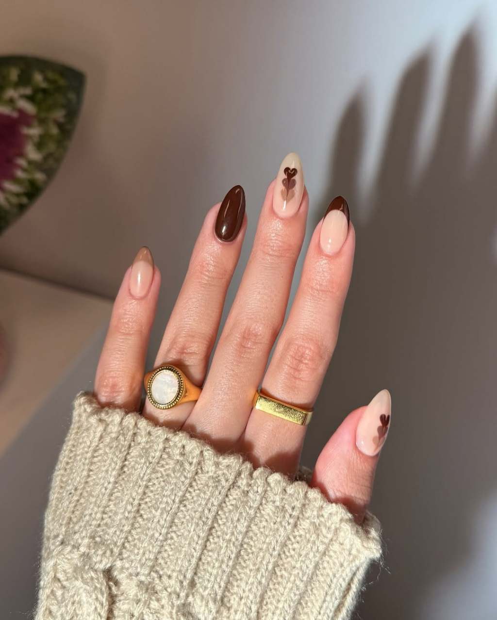Nude Base Brown French Tips Floral Accents Nude Base Brown French Tips Floral Accents — Classy Chocolate Nails