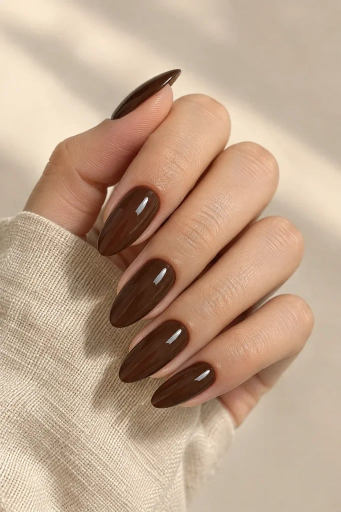 Glossy Brown Short Almond Nails Glossy Brown Short Almond Nails — Classy Chocolate Nails