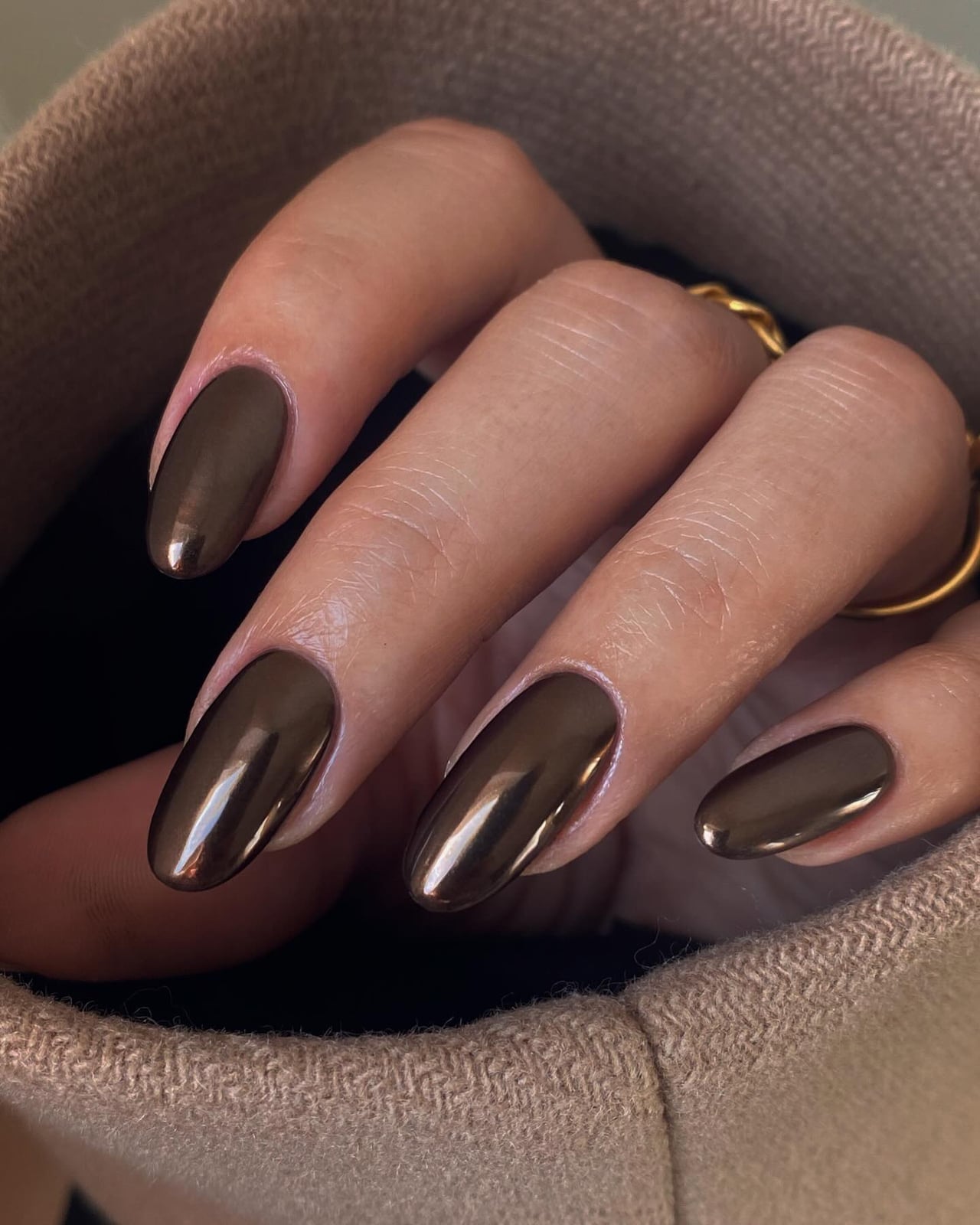 Short Almond Nails with Delicate Gold Dots Short Almond Nails with Delicate Gold Dots — Classy Chocolate Nails