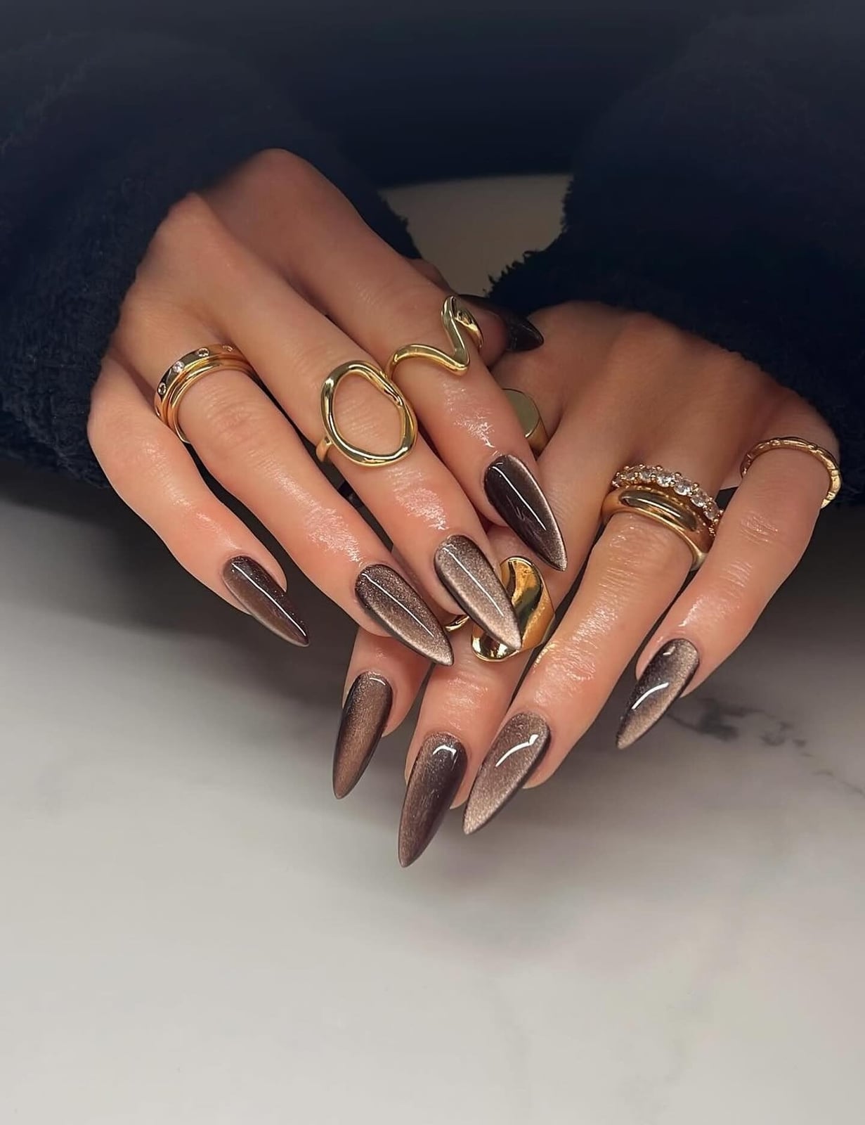 Sharp Stiletto Nails with Golden Studs Sharp Stiletto Nails with Golden Studs — Classy Chocolate Nails